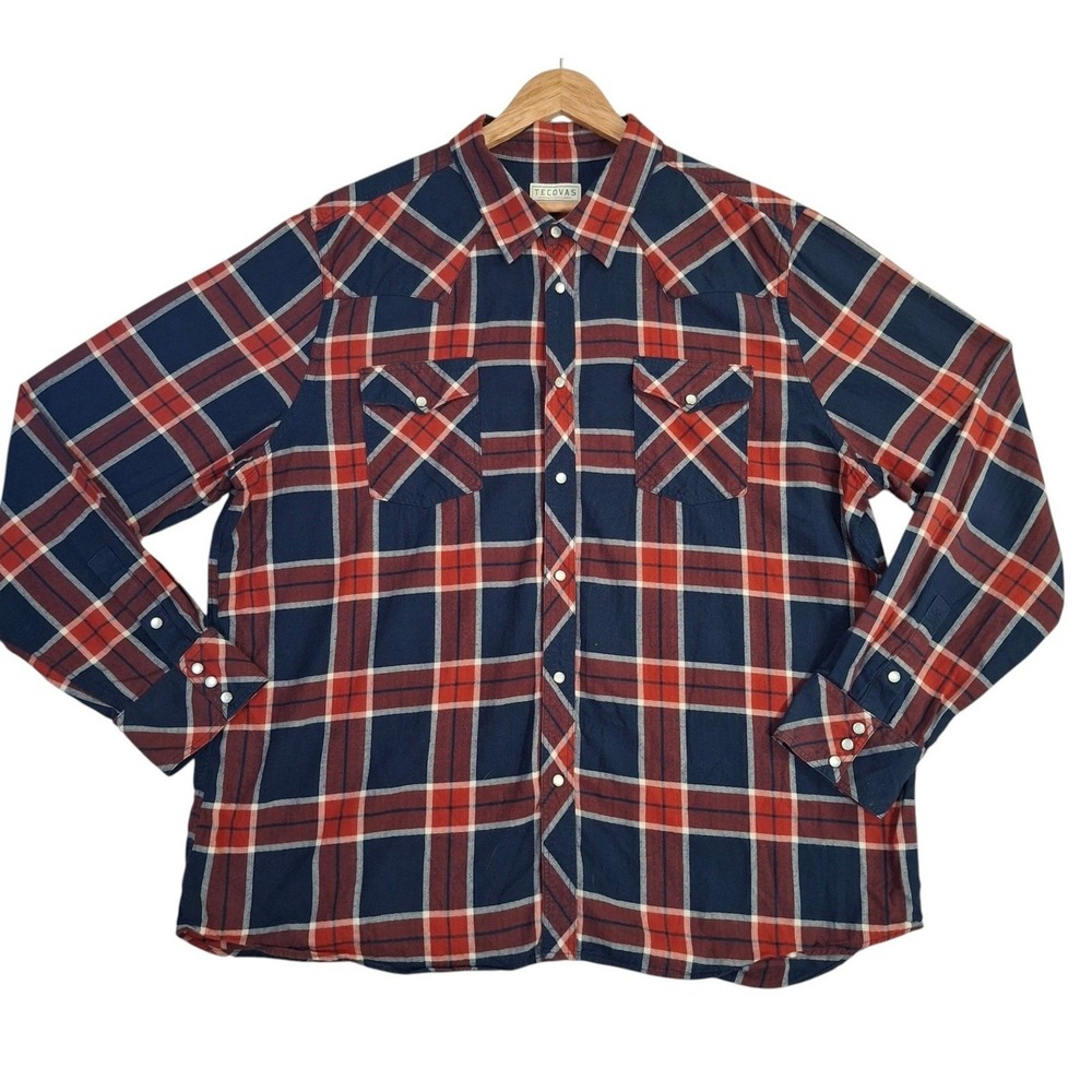 Tecovas Pearl Snap Western Shirt Mens XXL Red Blue Plaid Cotton Herringbone